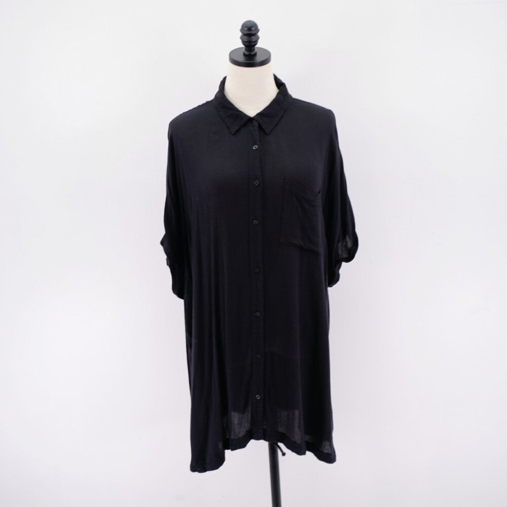 A.N.A. Black Button Front Collared Rolled Tab Short Sleeve Top Rayon 1X